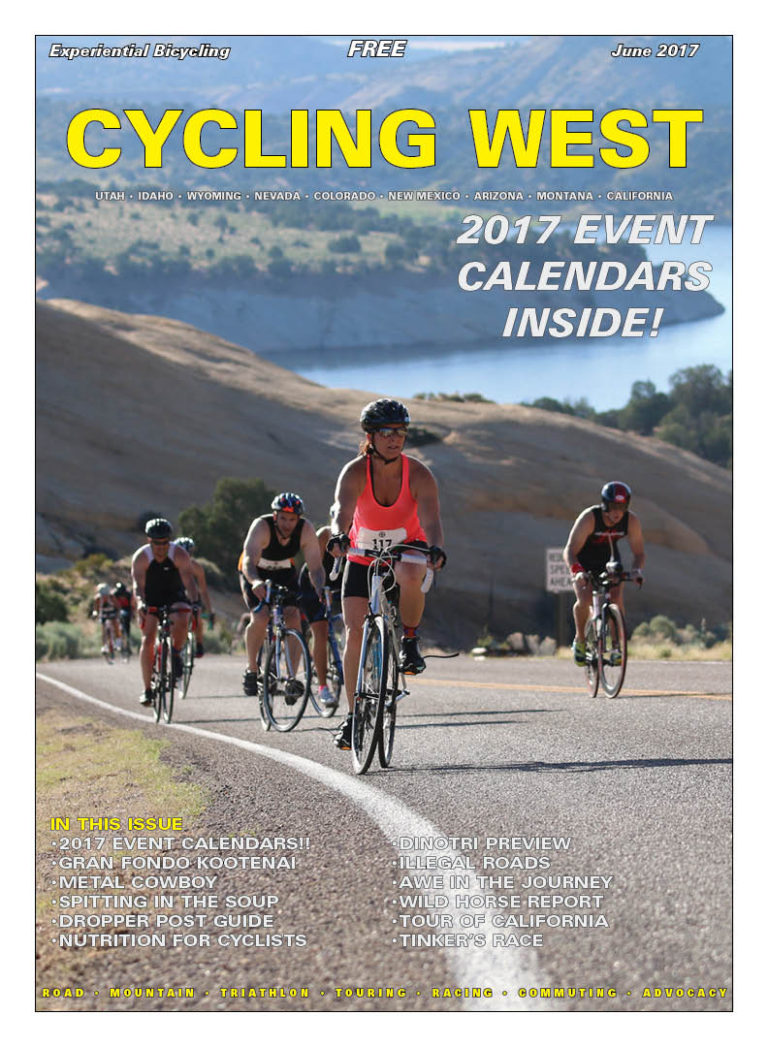 Cycling West June 2017 Cover Photo: Riders climb out of Red Fleet Reservoir during the 2016 DinoTri in Vernal, Utah. Photo by Dave Iltis