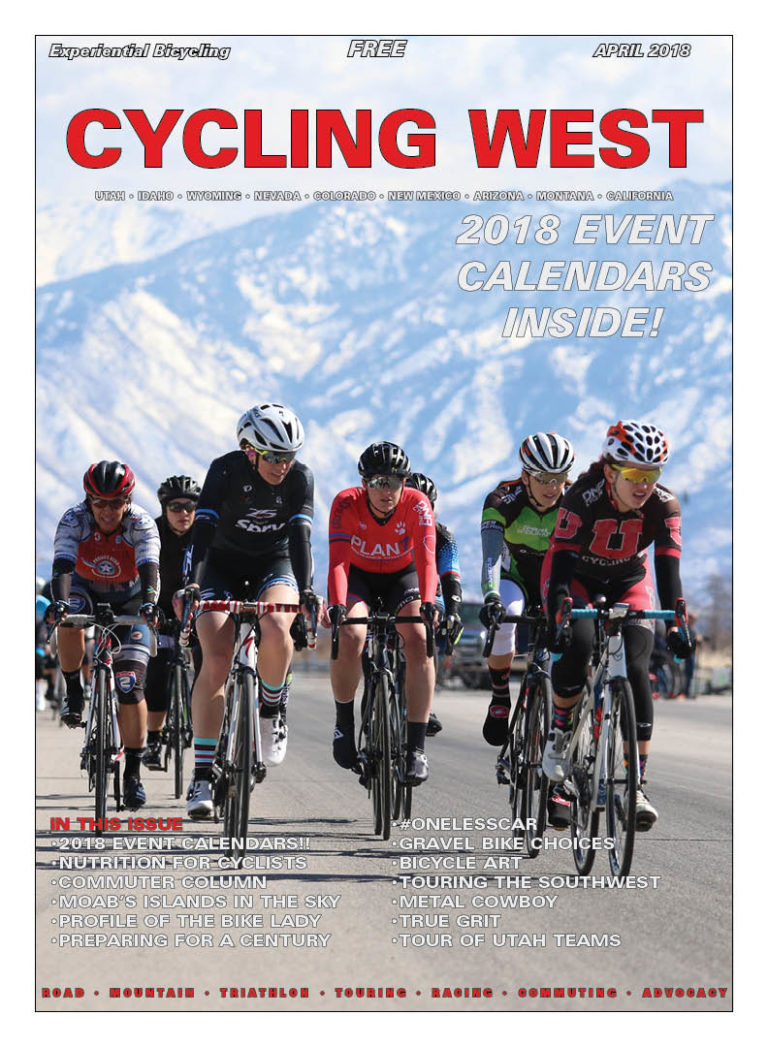 Cycling West April 2018 Cover Photo: The women’s field at the Rocky Mountain Raceways Criterium on March 10, 2018 in West Valley City, Utah. The Wasatch Mountains loom in the distance. Photo by Dave Iltis