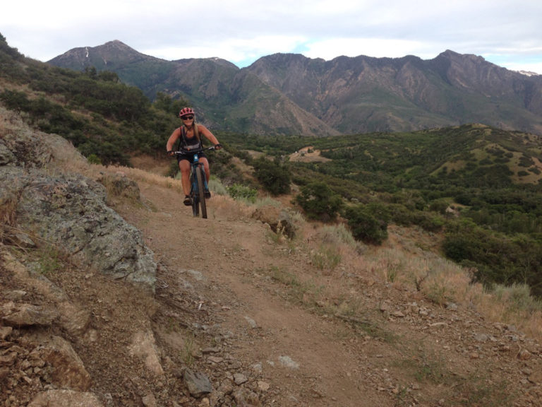 Jenny West riding the finished trail on the east end of the Three Falls Trail above Fort Canyon in Alpine, Utah. Photo by Don West
