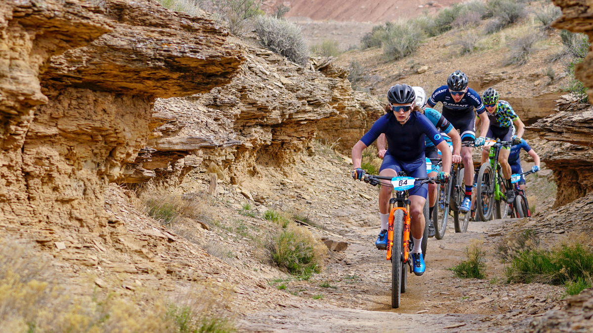 Zach Calton leads the pro men's division of the Red Rock Desert Rampage Intermountain Cup on March 24, 2018. He went on to win the race over Alex Grant (in green). Photo by Matt Ohran