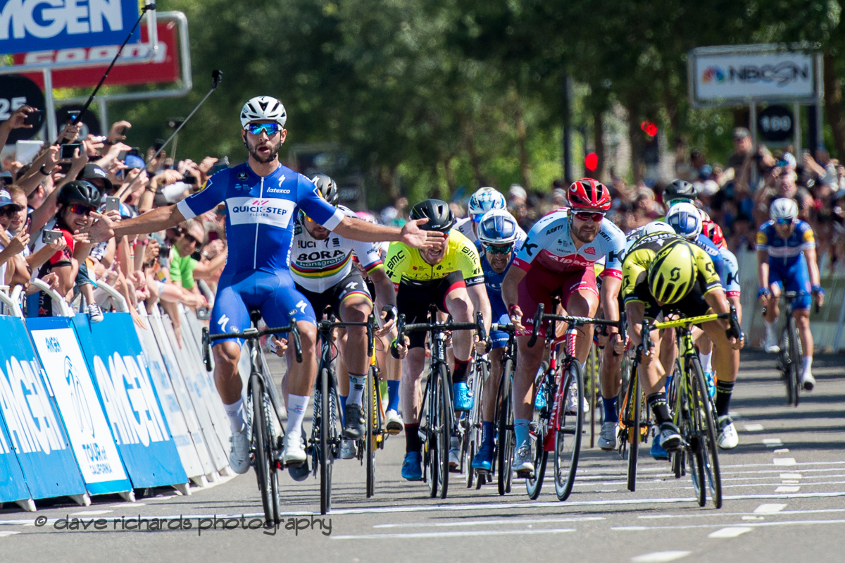 Fernando Gaviria (Quick-Step Floors) celebrates the wind on Men's Stage Five, Stockton to Elk Grove, 2018 Amgen Tour of California cycling race (Photo by Dave Richards, daverphoto.com)