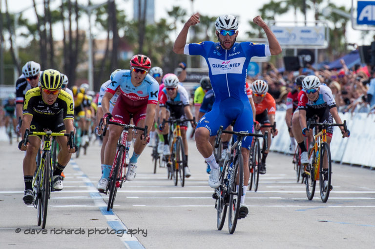 Fernando Gaviria (Quick-Step Floors) celebrates his win on Men's Stage One in Long Beach, 2018 Amgen Tour of California cycling race (Photo by Dave Richards, daverphoto.com)