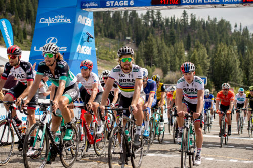 Peter Sagan (Bora Hansgrohe) leads the "laughing" group of late finishers on Men's Stage Six, Folsom to South Lake Tahoe, 2018 Amgen Tour of California cycling race (Photo by Dave Richards, daverphoto.com)