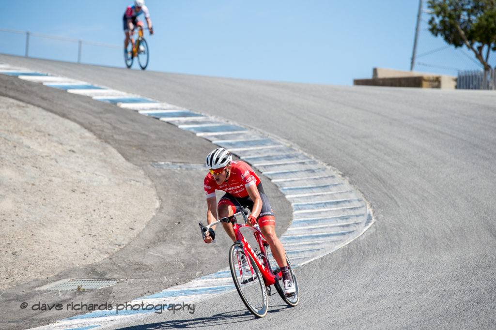 Toms Skujins (Trek Segafredo) pushing hard at the bottom of the Corkscrew turn on his way to win Men's Stage Three from King City to Laguna Seca Race Track, 2018 Amgen Tour of California cycling race (Photo by Dave Richards, daverphoto.com)