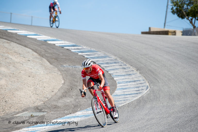 Toms Skujins (Trek Segafredo) pushing hard at the bottom of the Corkscrew turn on his way to win Men's Stage Three from King City to Laguna Seca Race Track, 2018 Amgen Tour of California cycling race (Photo by Dave Richards, daverphoto.com)