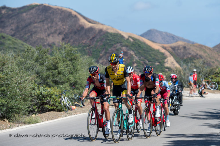 A small group shares the pain on the final supersteep ramps of the Gibralter Road climb. Men's Stage Two from Ventura to Gibraltar Road, 2018 Amgen Tour of California cycling race (Photo by Dave Richards, daverphoto.com)