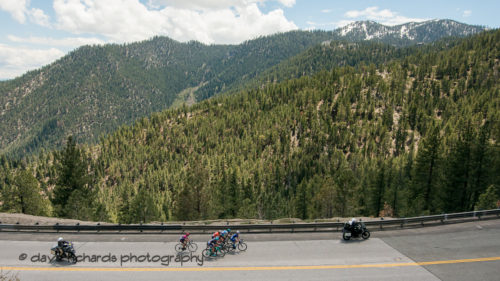 Snow remains at the top of Heavenly Valley Ski Resort high above the riders on the final climb of Women's Stage Two, South Lake Tahoe, 2018 Amgen Tour of California cycling race (Photo by Dave Richards, daverphoto.com)
