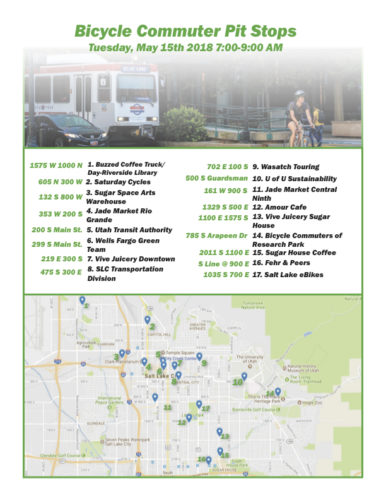 Salt Lake City Bicycle Pit Stop locations for May 15, 2018.