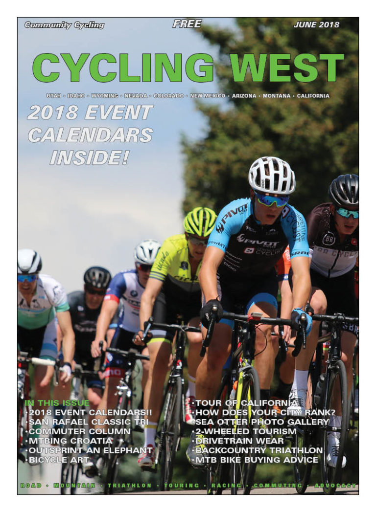 Cycling West June 2018 Cover Photo: The Category 3 field rounds a turn in the Sugarhouse Criterium on May 26, 2018 in Salt Lake City, Utah. Photo by Dave Iltis, see more at gallery.cyclingwest.com