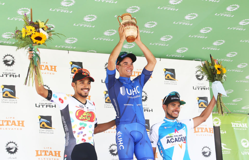 The podium: Travis Mccabe (UHC) 1st, Castillo Soto (Jelly Belly p/b Maxxis) 2nd, Avila Vanegas (Istrael Cycling Academy). 2018 Tour of Utah Stage 1, August 7, 2018, Cedar City, Utah. Photo by Cathy Fegan-Kim, cottonsoxphotography.net