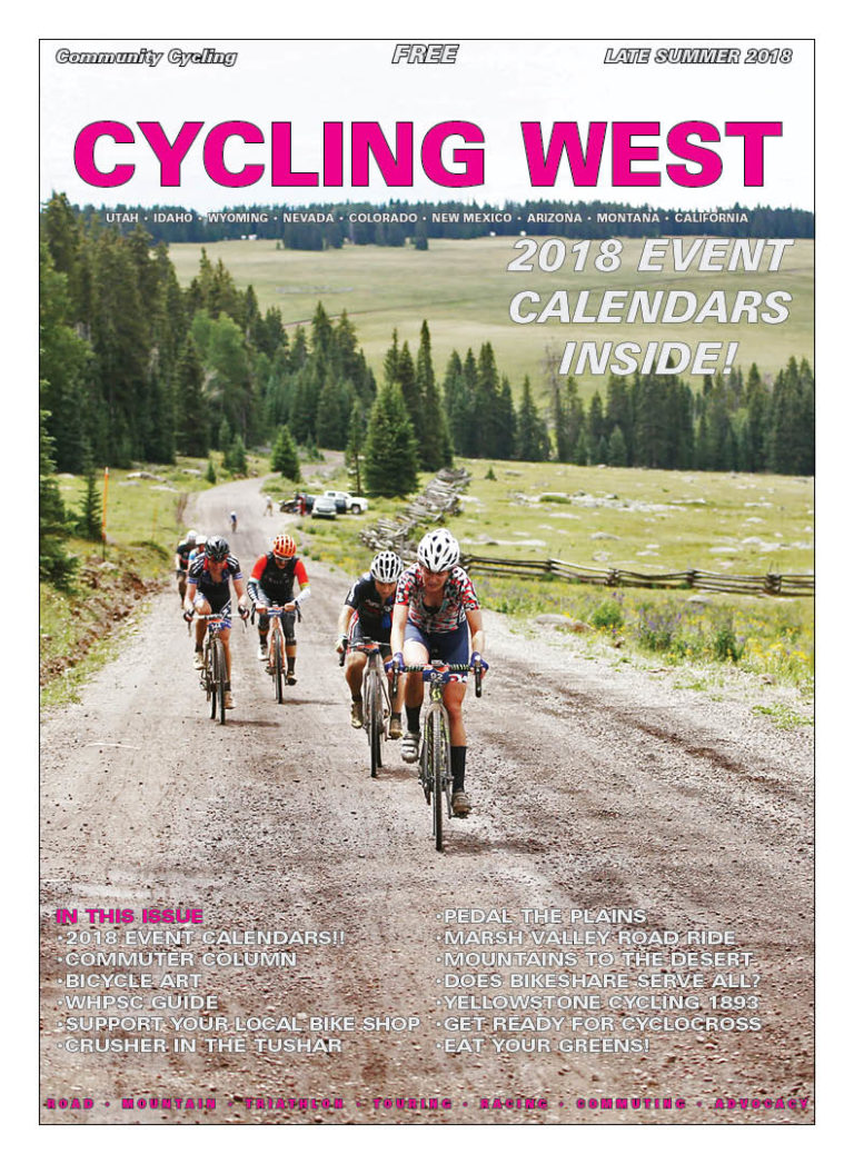 Cycling West Late Summer 2018 Cover Photo: Lauren De Crescenzo (DNA Cycling) leads a group of riders at the base of the Col de Crush. She went on to win the women’s elite race by almost 10 minutes. Photo by Cathy Fegan-Kim, see more at cottonsoxphotography.net