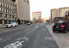 Editorial: 200 S in Salt Lake City Needs a(t least) (a 1-block) Protected Bike Lane The green lane is almost gone on the south side of the street too. 200 S in Salt Lake City between State and Main has deteriorated and needs a protected bike lane on the south side (right of photo) by the Gallivan Center. Photo by Dave Iltis, Cycling Utah