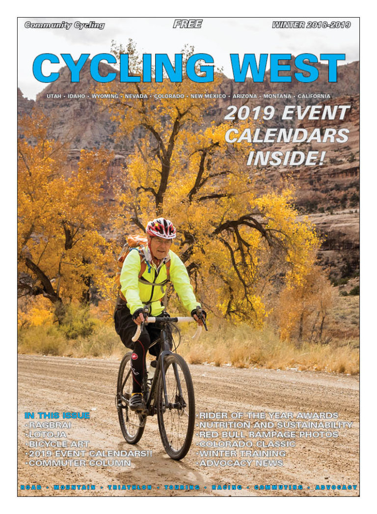Cycling West Winter 2018-2019 Cover Photo: Howard Shafer gravel biking through Buckhorn Wash in the San Rafael Swell. Photo by John Shafer/Photo-John.net