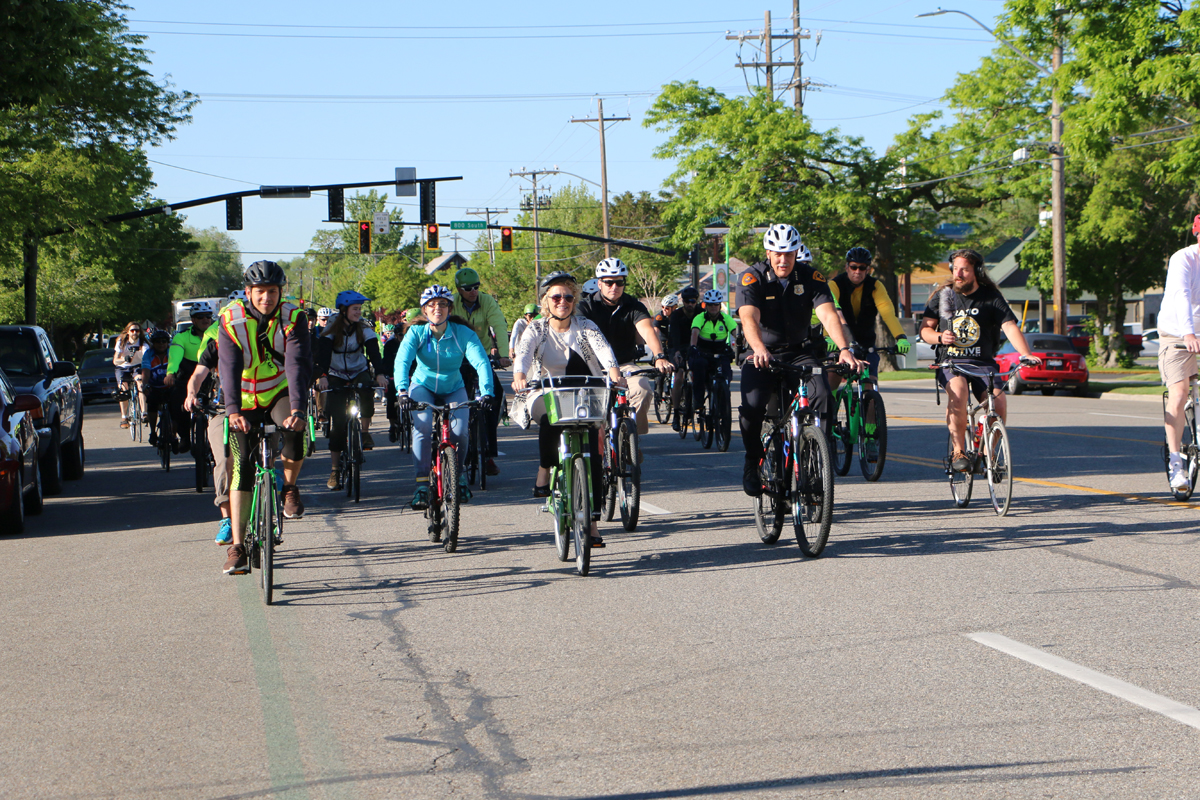 Salt Lake City Mayor Jackie Biskupski leads the 2018 Mayor's Bike to Work Day. The 2019 ride will be on May 16 at 8 am. Photo by Dave Iltis