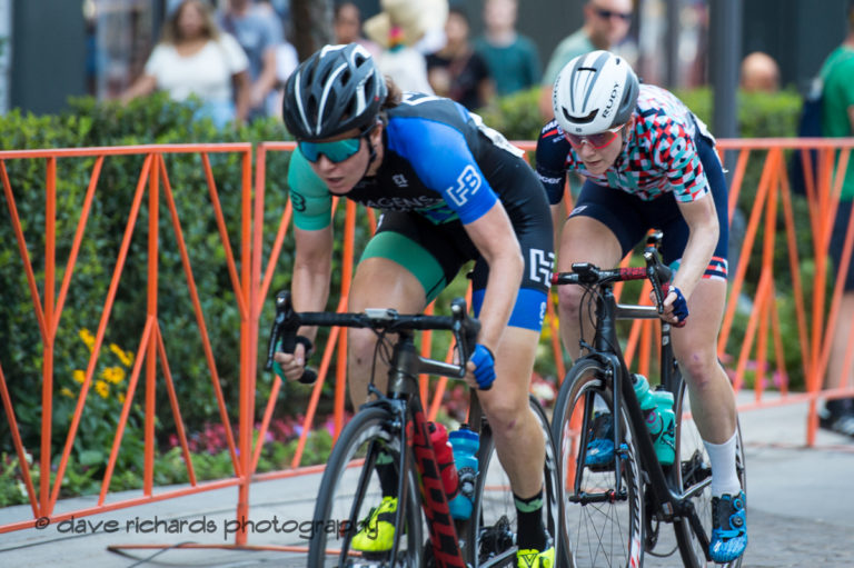 Two rider break during the Women's D1/Pro race at the Salt Lake Criterium, USA CRITS series held at the Gateway Mall (Photo by Dave Richards, daverphoto.com)