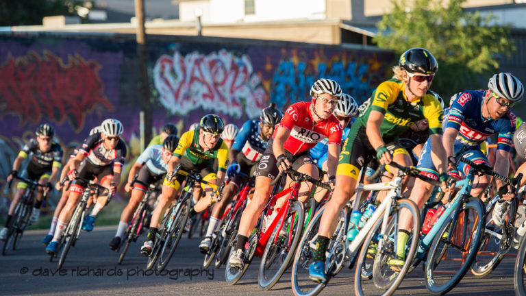 Fading evening sunlight reflects off the Men's D1/Pro peloton during the Salt Lake Criterium, USA CRITS series held at the Gateway Mall (Photo by Dave Richards, daverphoto.com)