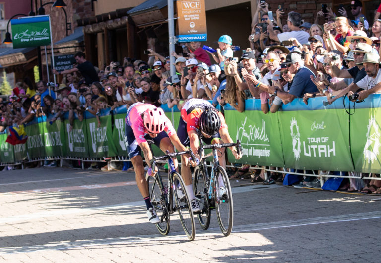Lachlan Morton by a Tire on Tour of Utah Stage 5