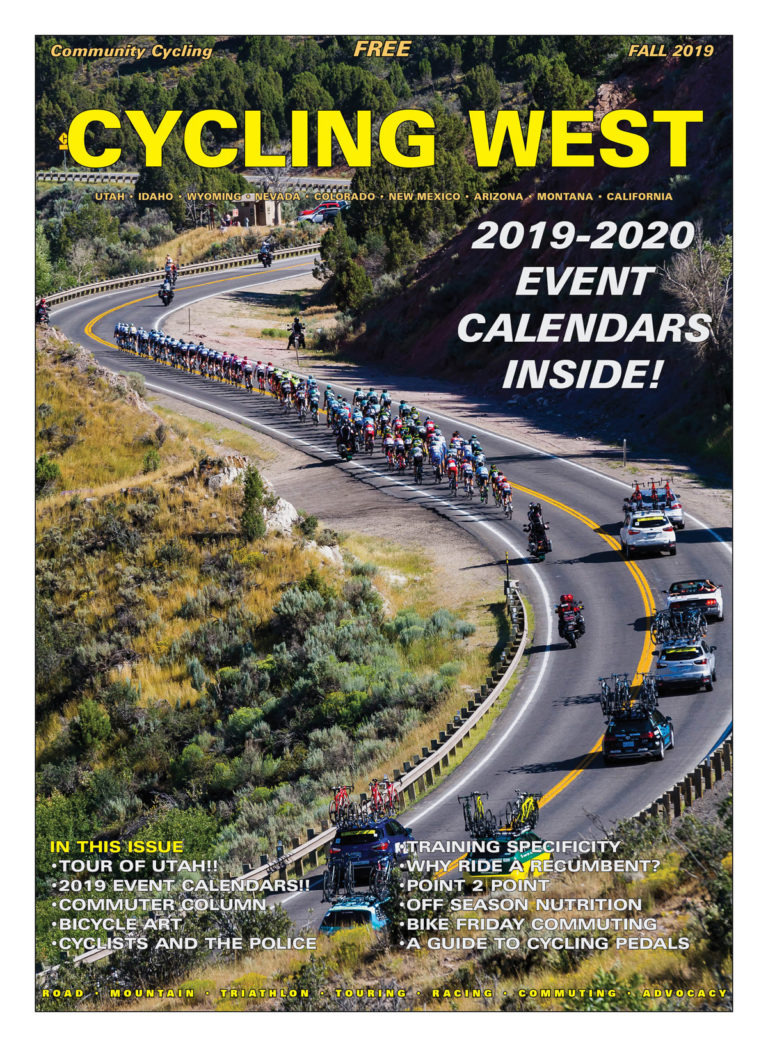 Cycling West and Cycling Utah Fall 2019 Issue Cover Photo: The peloton rides past Rockport Reservoir during Stage 5 of the 2019 Tour of Utah. Photo by Jason Porter