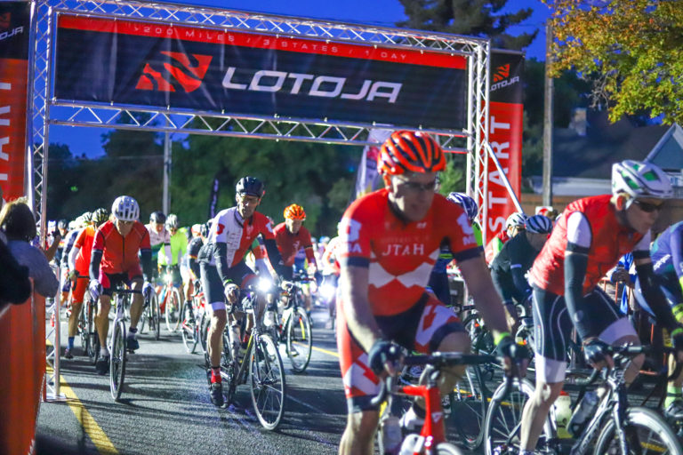 Cyclists leave the start line at Sunrise Cyclery in Logan, Utah, in the 37th Annual LoToJa Classic. The race was held on September 7, 2019. Nearly 2,000 cyclists participated. Photo courtesy of Snake River Photo