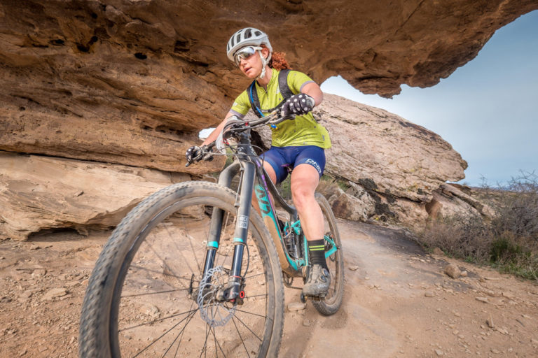 Sarah Kaufmann descends on Zen Trail in the 2018 True Grit Mountain Bike Race. Photo by Crawling Spider, find your photo at crawlingspider.com