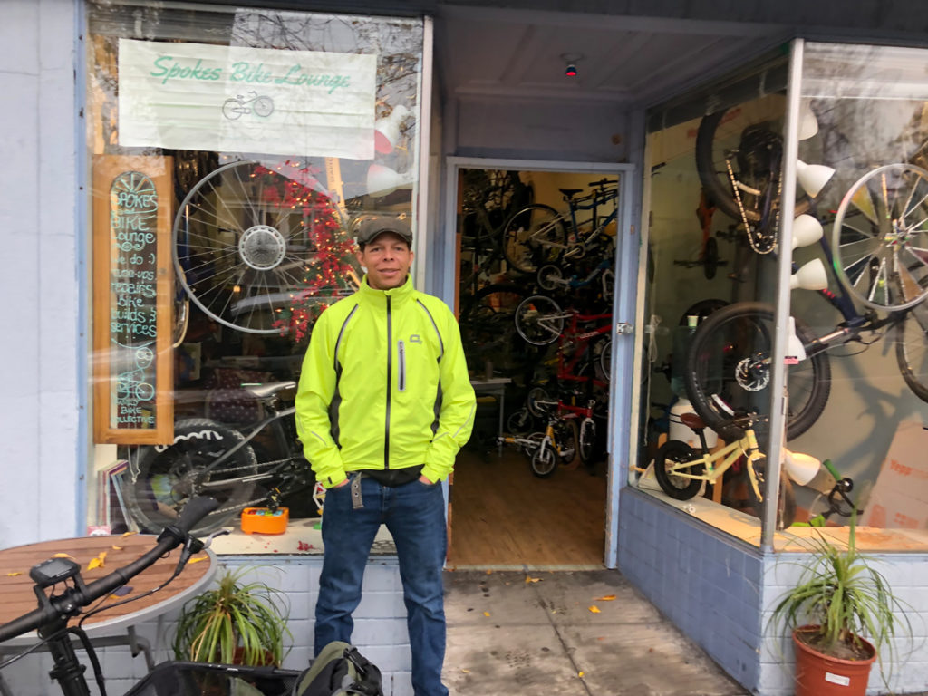 "The fastest growth in bicycling is among the Hispanic, African American and Asian American populations. Between 2001 and 2009, those three groups grew from 16 to 23 percent of all bike trips in the U.S. Within those groups, the percent of trips taken by bike has grown much faster than in the white population." (from the League of American Bicyclists The New Majority, Pedaling Towards Equity Report). Brian Drayton of Spokes Bicycle Lounge in Berkeley, California. Black owned bike shops like Spokes are a key reason for this growth. Photo by Dave Iltis