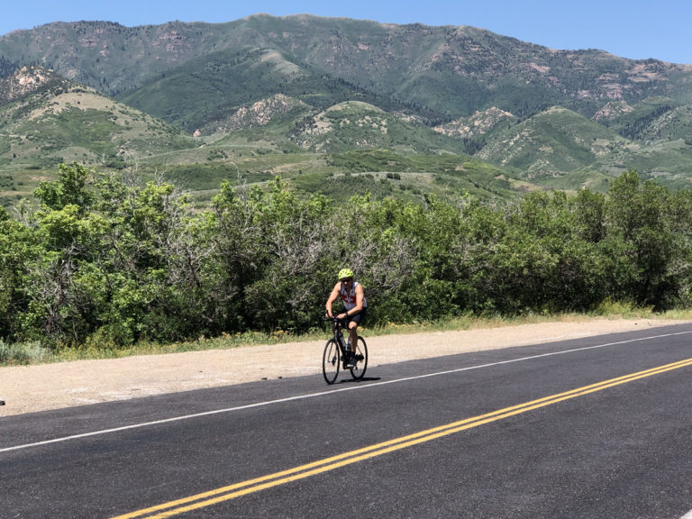 Emigration Township okayed 11' travel lanes, which allows for wider shoulders and bike lanes in the canyon. Here, a cyclist rides from Pinecrest to the Little Mountain Summit. Photo by Dave Iltis