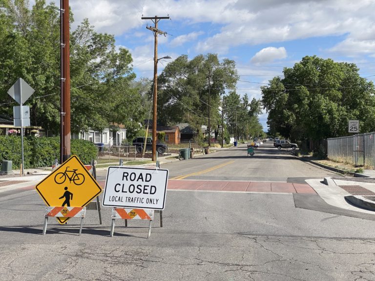 Signs closing streets except to local traffic as part of SLC Mayor Erin Mendenhall's "Stay Safe, Stay Active" plan during the Covid-19 pandemic. Photo by Turner Bitton