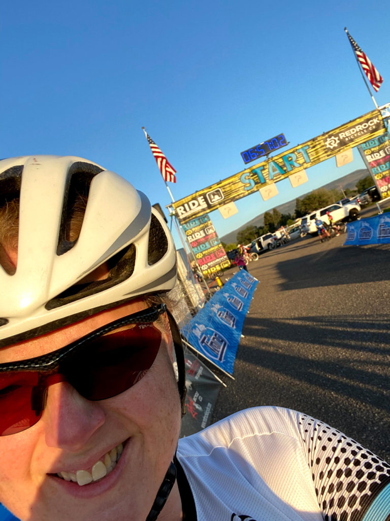 Kelly McPherson at the start of her successful completion of the 2020 Desperado Duel. Photo by Kelly McPherson