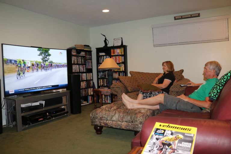 Dave and Karma watching stage 11 of the 2016 Tour de France just as Sagan and Bodnar attack and Froome and Thomas respond. Photo by David Ward