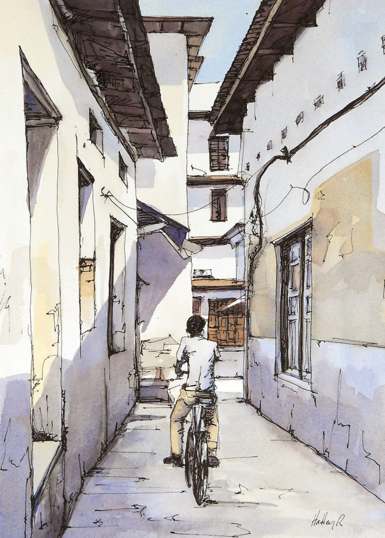 Artist: Hadley Rampton, Title: Pedaling Through Stone Town, Zanzibar. Medium: watercolor & ink, Size: 14 X 10 inches