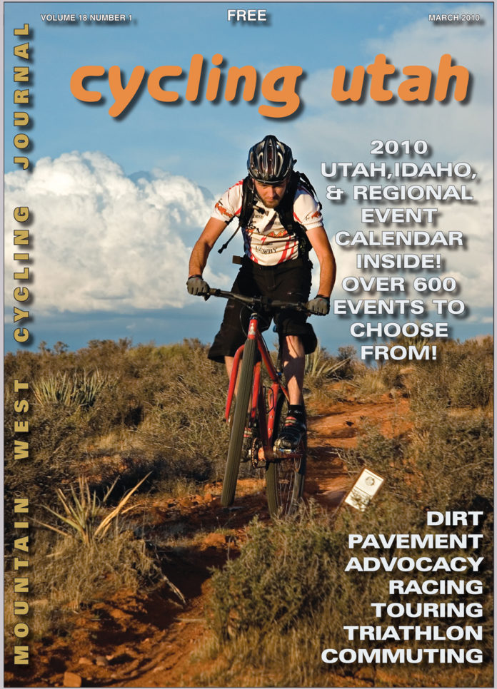 Cycling Utah March 2010 issue cover: Lukas Brinkerhoff on the Prospector Trail in the Red Cliffs Desert Reserve in St. George. Photo: Bryce Pratt, crawlingspidergallery.com