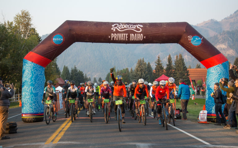 Rebecca Rusch leads riders out at the start of The Baked Potato at Rebecca's Private Idaho. Photo by Linda Guerrette, courtesy Rebecca's Private Idaho