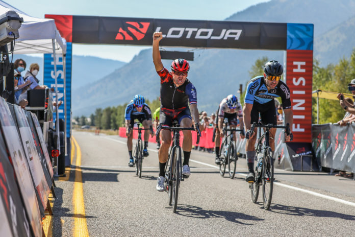 Cameron Hoffman (left, Team Endurance360) reacts after beating Spencer Johnson (Team Johnson Elite Orthodontics) to the line for the Men’s Pro 123 title in last year’s LoToJa Classic. This year’s event is set for Sept. 11 with more than 1,500 cyclists racing 203 miles from Logan, Utah, to Wyoming’s Jackson Hole. Photo courtesy of Snake River Photos.
