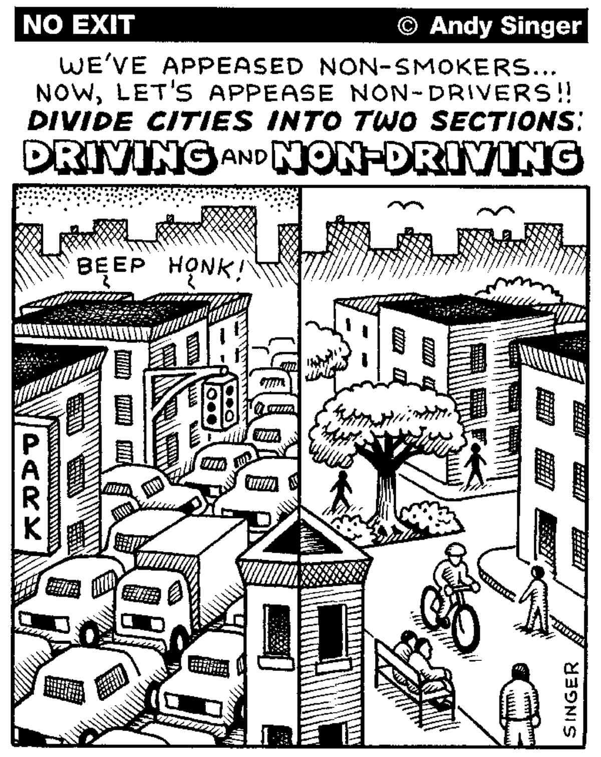 No Exit Bicycle Cartoon: Driving & Non-Driving, by Andy Singer