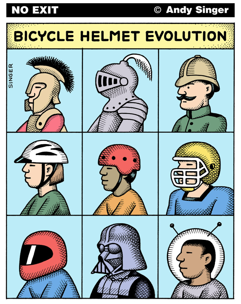 No Exit Cartoons: Bicycle Helmet Evolution, by Andy Singer