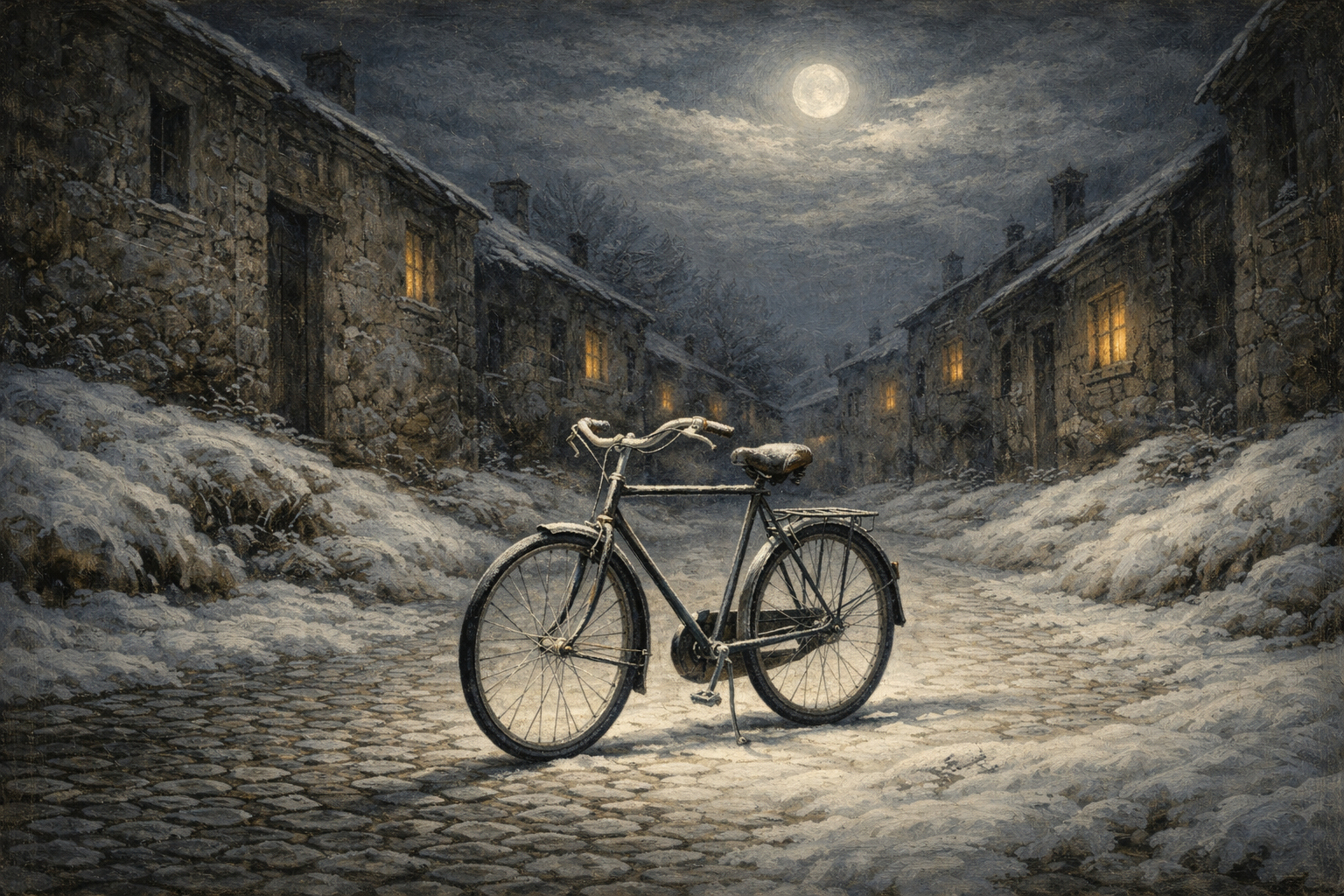 Bicycle as a devotional winter subject, image created by ChatGPT from a highly detailed description.