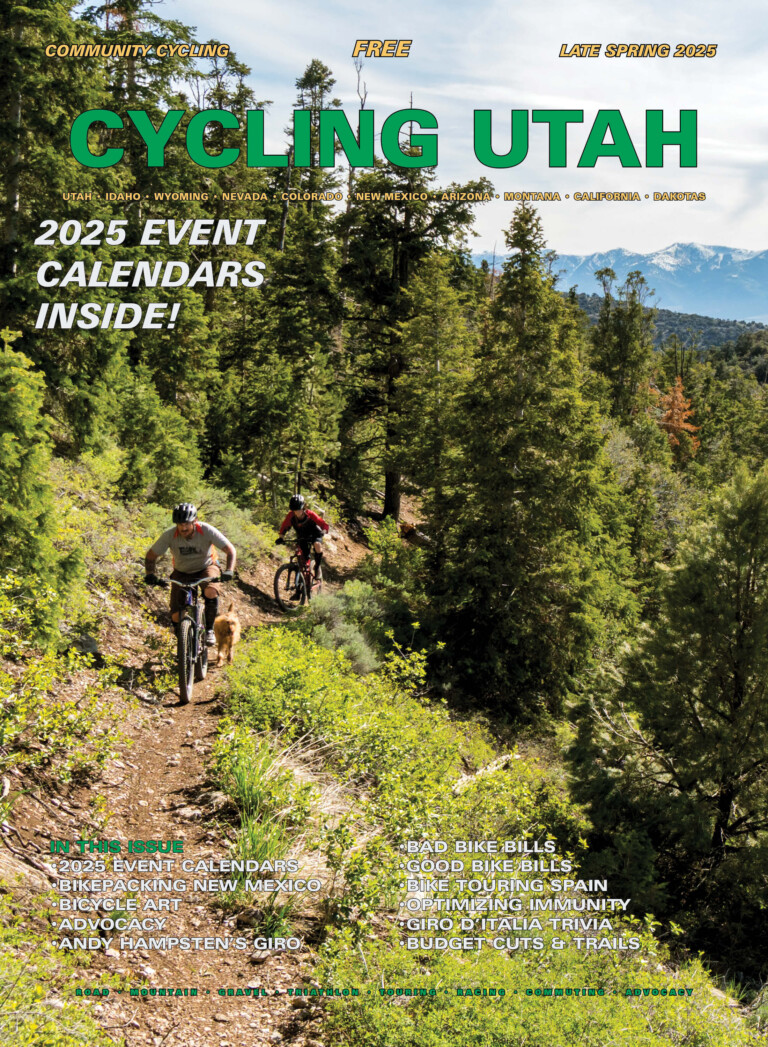 Cycling West Late Spring 2025 Cover Photo: Kyle Horvath, Ryan Warner (Kyle’s son), and Jasper (RIP), nearing the summit of High Roller Trail in Cave Lake State Park outside Ely, Nevada. Photo by John Shafer, photo-john.net