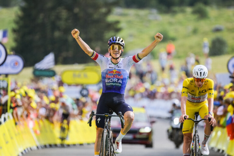Remco Evenepoel won stage 15 of the 2026 Tour de France by out sprinting Isaac Del Toro and race leader Tadej Pogacar. Photo: Charly Lopez/ASO