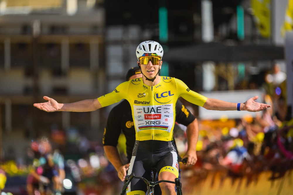 Tadej Pogacar won stage 19 of the 2026 Tour de France a top L'Alpe d'Huez with a record breaking climb. Photo Charly Lopez/ASO