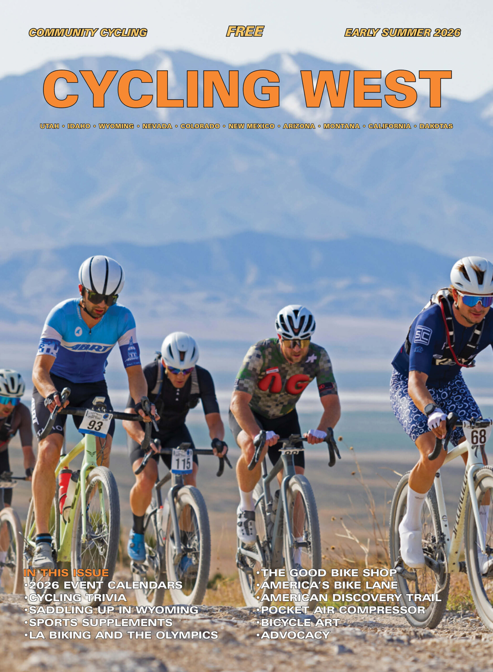 Cycling West Early Summer 2026 Cover Photo: Riders in the 2026 Wild Horse Gravel Race in Delle, Utah on May 9, 2026. Photo by Kris Braun/Utah Gravel Series, krisbraun.format.com/event/2026-wildhorse