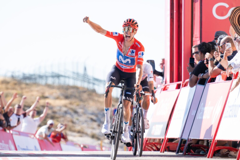 Enric Mas (Movistar) won stage 9 of the 2026 Vuelta a España in the red leaders jersey. Photo: © Unipublic / Sprint Cycling Agency / Angel Camarena/ASO