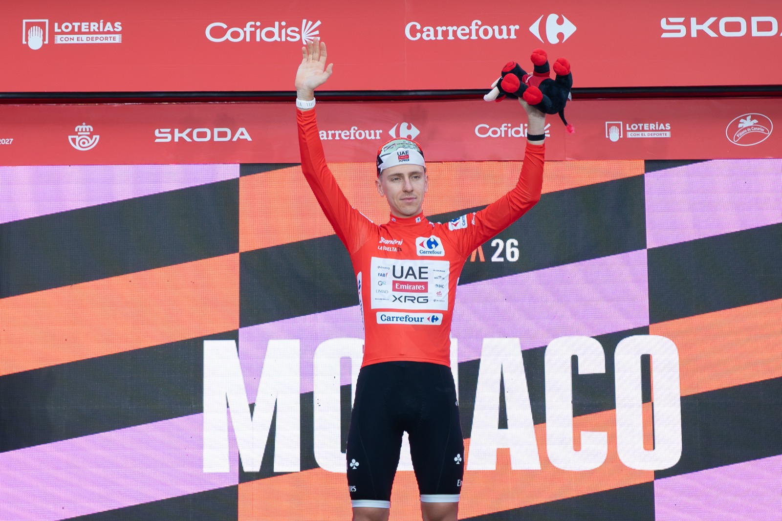 Stage 1 winner Tadej Pogacar 22/08/2026 - La Vuelta 2026 - Stage 1 - Monaco > Monaco (9,4 Km) - Tadej POGACAR (UAE TEAM EMIRATES XRG) - Photo: Angel Camarena/ASO