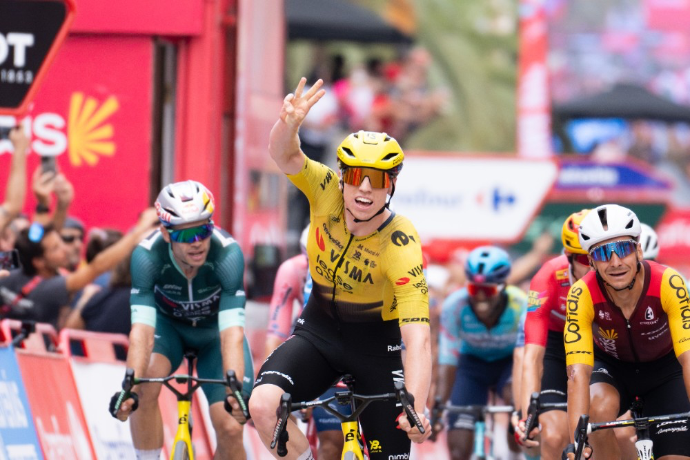 Matthew Brennan took his third stage win of the 2026 Vuelta a España after being delivered to the line by Wout van Aert. Photo: Toni Baixauli/ASO