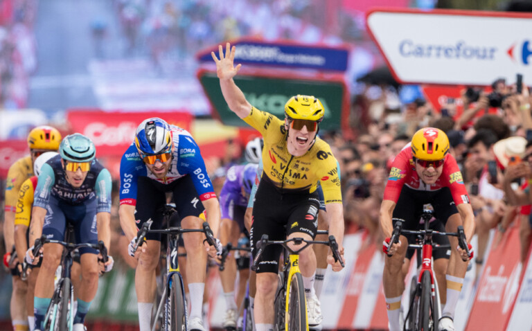 Matthew Brennan (Visma/Lease-a-Bike) freelanced the final stretch of the stage 17 sprint after an initial leadout by Wout van Aert to win by a bike length. Photo: Toni Baixauli/ASO