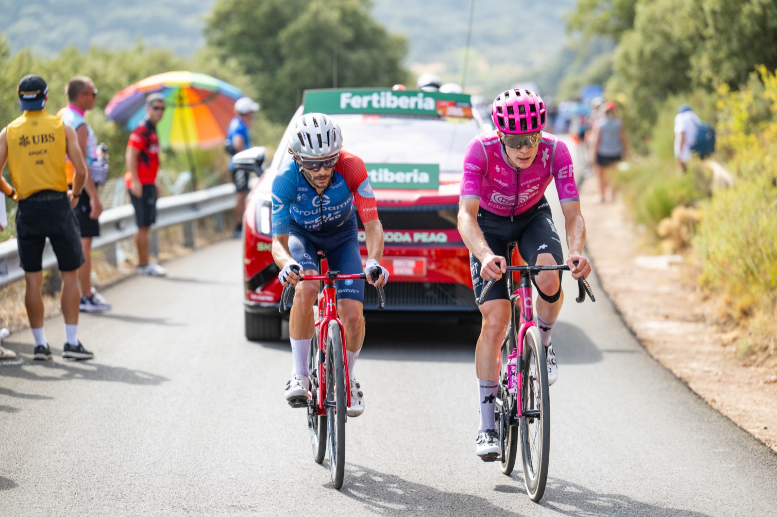 05/09/2026 - La Vuelta 2026 - Stage 14 - Jaén > Sierra de la Pandera (154,5 Km) - Valentin PARET PEINTRE (SOUDAL QUICK-STEP), Georg STEINHAUSER (EF EDUCATION - EASYPOST). Photo: Toni Baixauli/ASO
