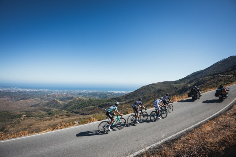 The lead 4. 11/09/2026 - La Vuelta 2026 - Stage 19 - Velez - Malaga > Peñas Blancas. Estepona (210 Km) - Urko BERRADE FERNANDEZ (EQUIPO KERN PHARMA), Thomas GLOAG (PINARELLO-Q36.5 PRO CYCLING TEAM), Edward DUNBAR (PINARELLO-Q36.5 PRO CYCLING TEAM), Santiago BUITRAGO (BAHRAIN VICTORIOUS). Photo: Naike Erenozaga/ASO