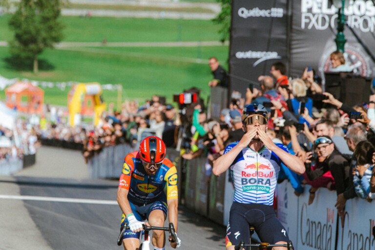 Remco Evenepoel (right) and Giulio Ciccone. Scenes from the 2026 Grand Prix Cycliste de Québec. Photo: Courtesy GPCQM