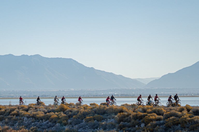 Cyclists on bikes at Antelope Island causeway in the Banished! Ride. Photo: Chris Patty